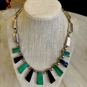 Gorgeous vintage Mexico sterling modernist malachite and onyx sterling necklace
